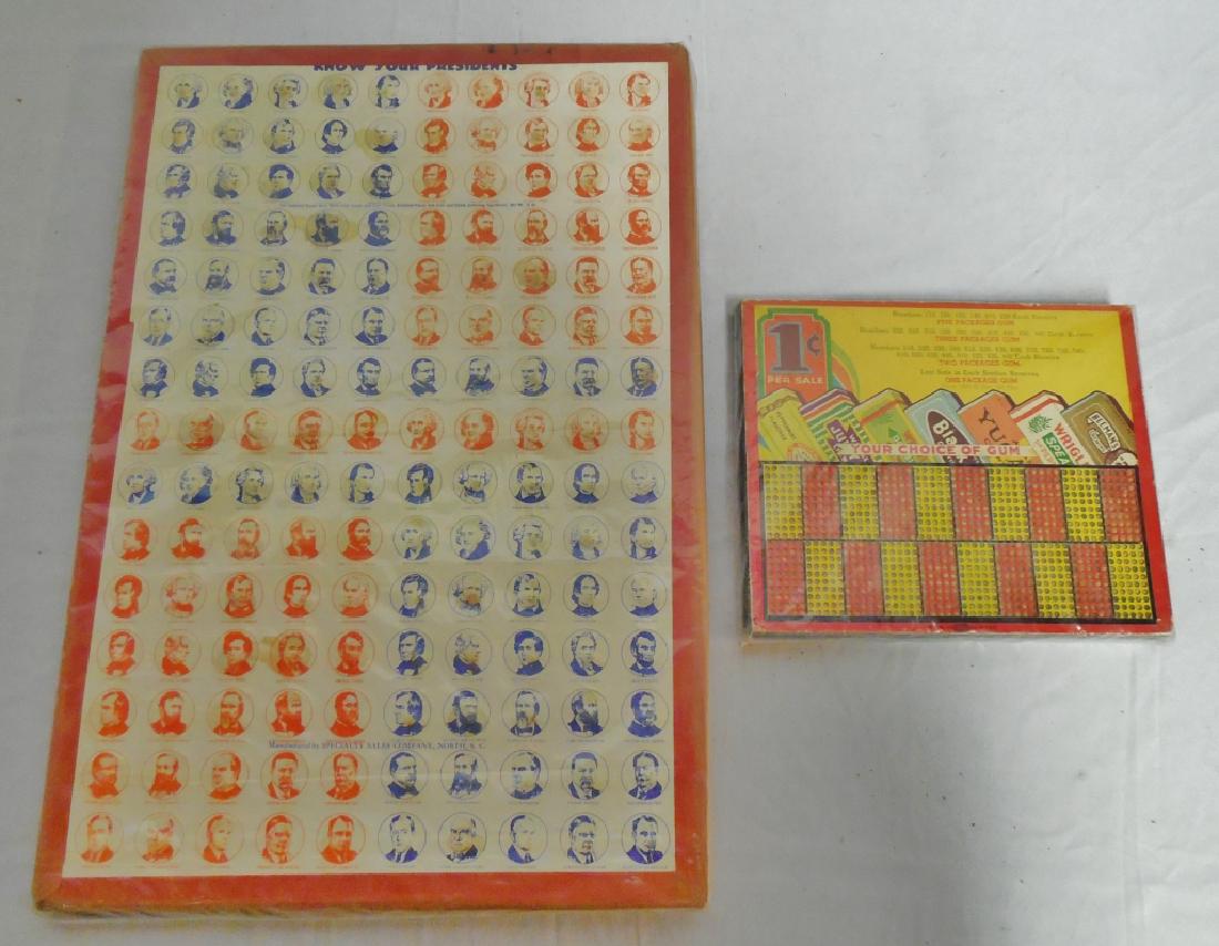 Lot of 2 Gum Advertising Punch-Outs: "Know Your Presidents" is larger and measures 16" H x 11" W and "Your Choice of Gum 1 Cent" Promotion