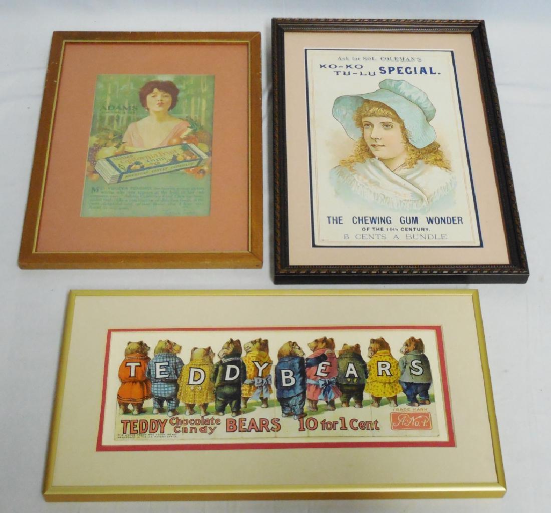 Lot of 3 Framed Gum/Candy Mounted Advertisements: largest measures 14 1/2" H x 10 1/2" W