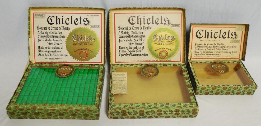 Lot of 3 Chiclets Display Gum Boxes with Glass: both bigger boxes measure 10 1/4" L x 7 3/4" W