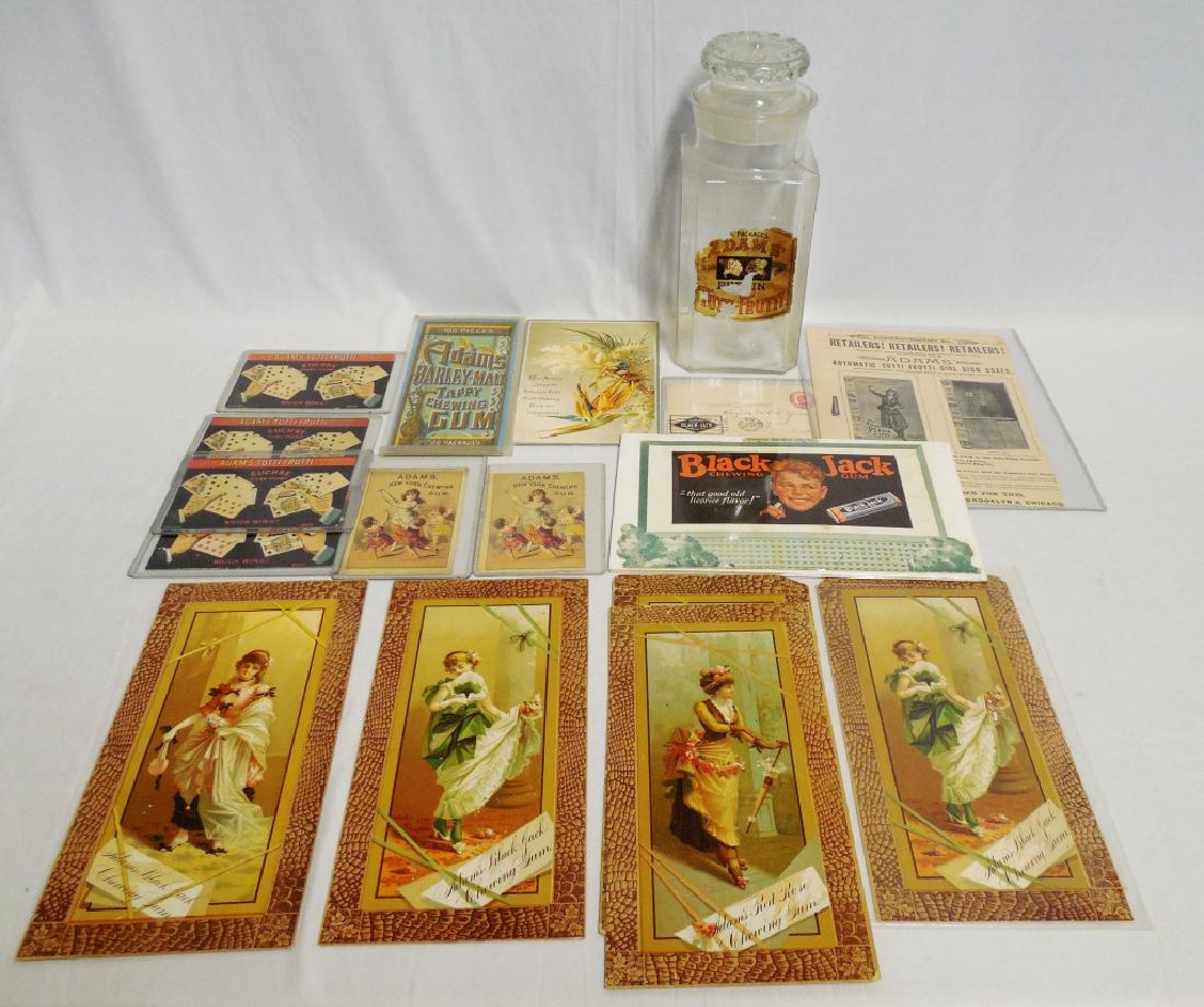 Lot of 17 Pieces of Adams Chewing Gum Advertising: NOTE: LABEL ON GLASS CANDY JAR IS ROUGH, JAR IS ALSO CHIPPED ON LID AND HAS A HOLE IN BOTTOM