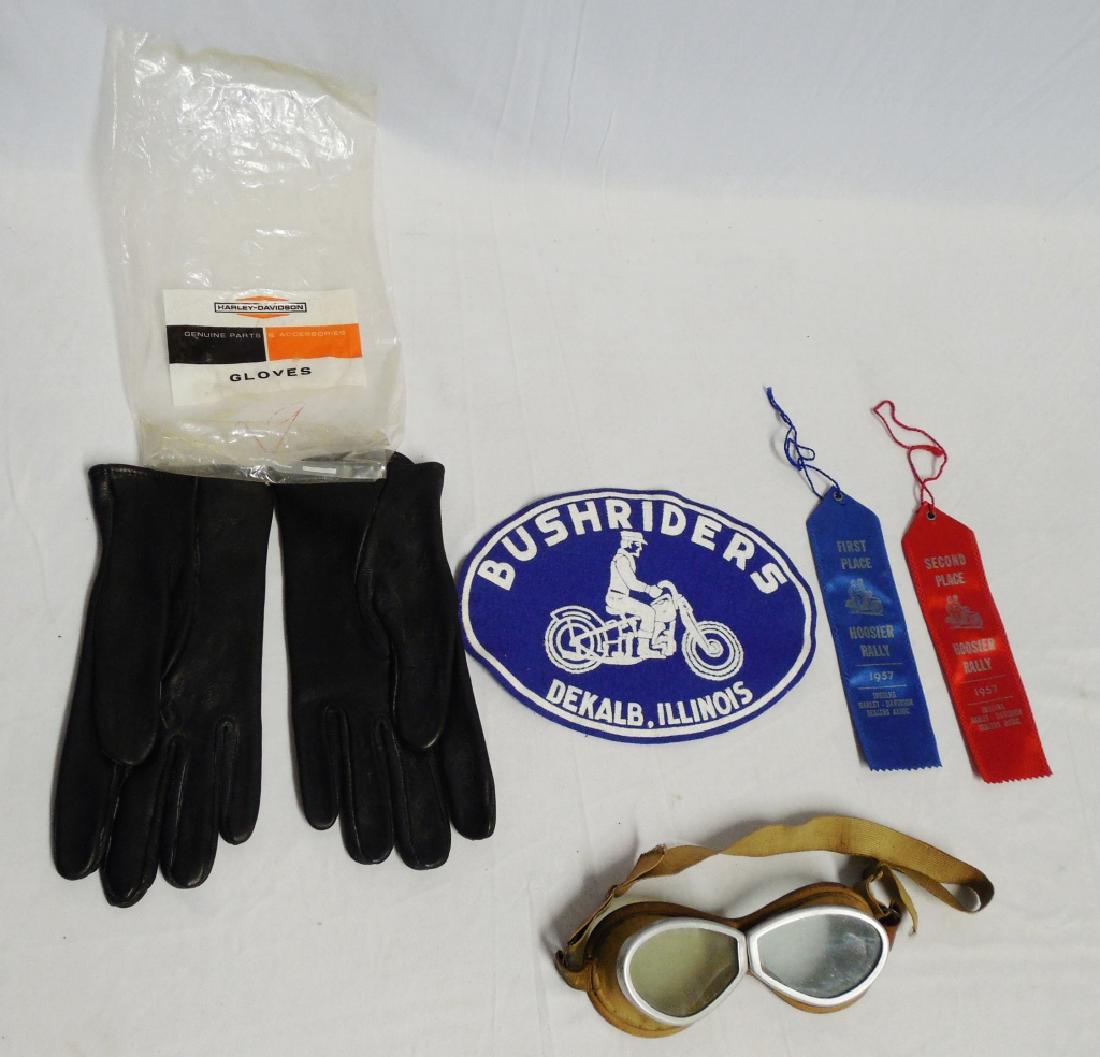 Lot of 5 Harley Davidson Items: including ribbons, patch, gloves, and goggles