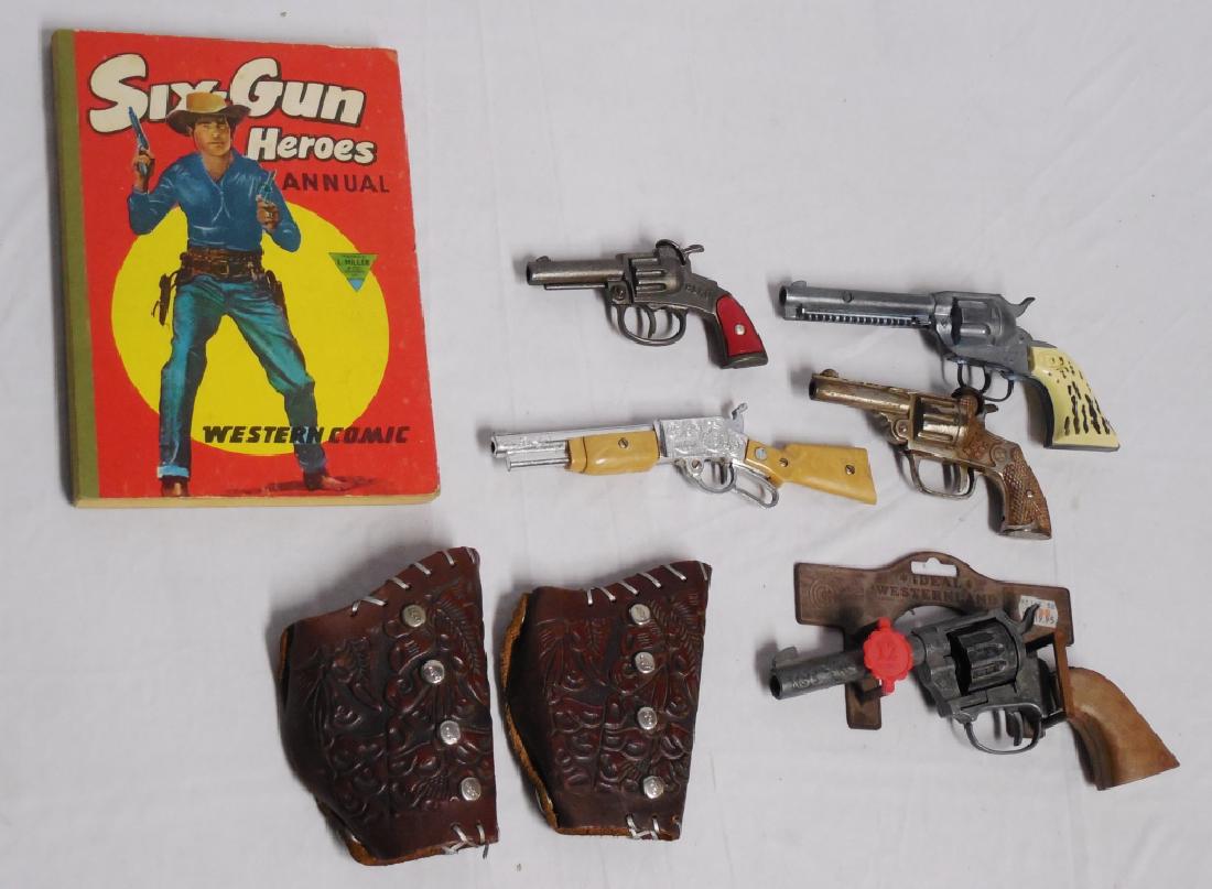 Western Toy Lot: including 5x toy guns, 2x holsters, and a Six Gun Hero Comic