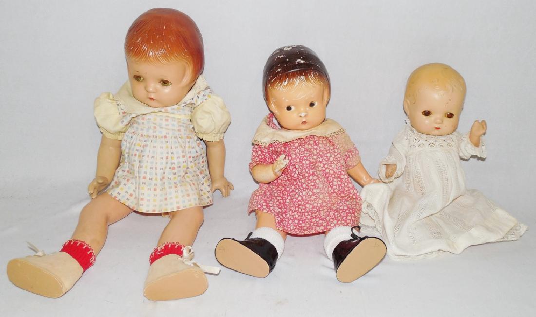Lot of 3 Dolls All Effanbee: tallest measures 16" H is Patsy Joan NOTE: HAS CRACKED HEAD, Patsy in red dress with painted eyes, Patsy Baby