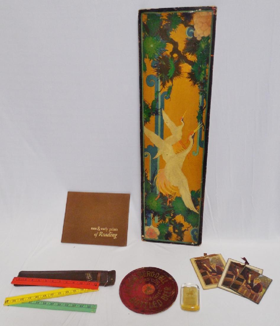 Miscellaneous Advertising Lot: paperweight, folder ruler NOTE: WITH DAMAGED CASE, beer advertisement, 3 1939 calendars, book: Rare and Early Prints of Reading Eagle Company, and a wooden wall hanging measuring 34" L x 9 1/2" W