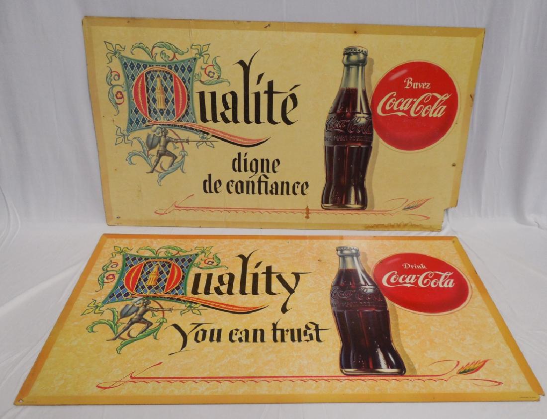Lot of 2 Double-Sided Coca-Cola Cardboard Ads: both Canadian and measure 36" L x 20" W NOTE: BOTH ARE DAMAGED, TORN, PIECES MISSING, AND HAVE WATER DAMAGE