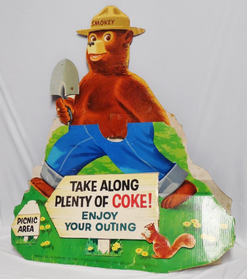 Oversized Die-Cut Smokey the Bear Cardboard Ad: Coca-Cola ad is double sided and is in 2 pieces. measures 50" H x 42" W