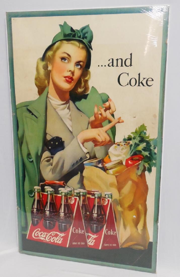 "...and Coke" Cardboard Advertisement: measures 50" H x 30" W NOTE: AD DOES HAVE HOLES AND STAINS