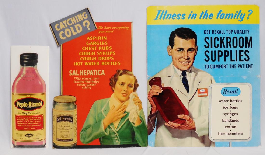 Lot of 3 Medicinal Cardboard Advertisements: Rexall Ad measures 25" H x 20" W