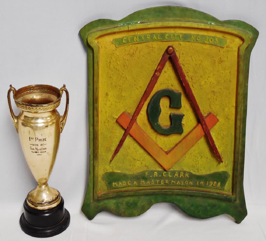 Painted Masonic Plaque and Trophy: Plaque measures 15" H x 12" W