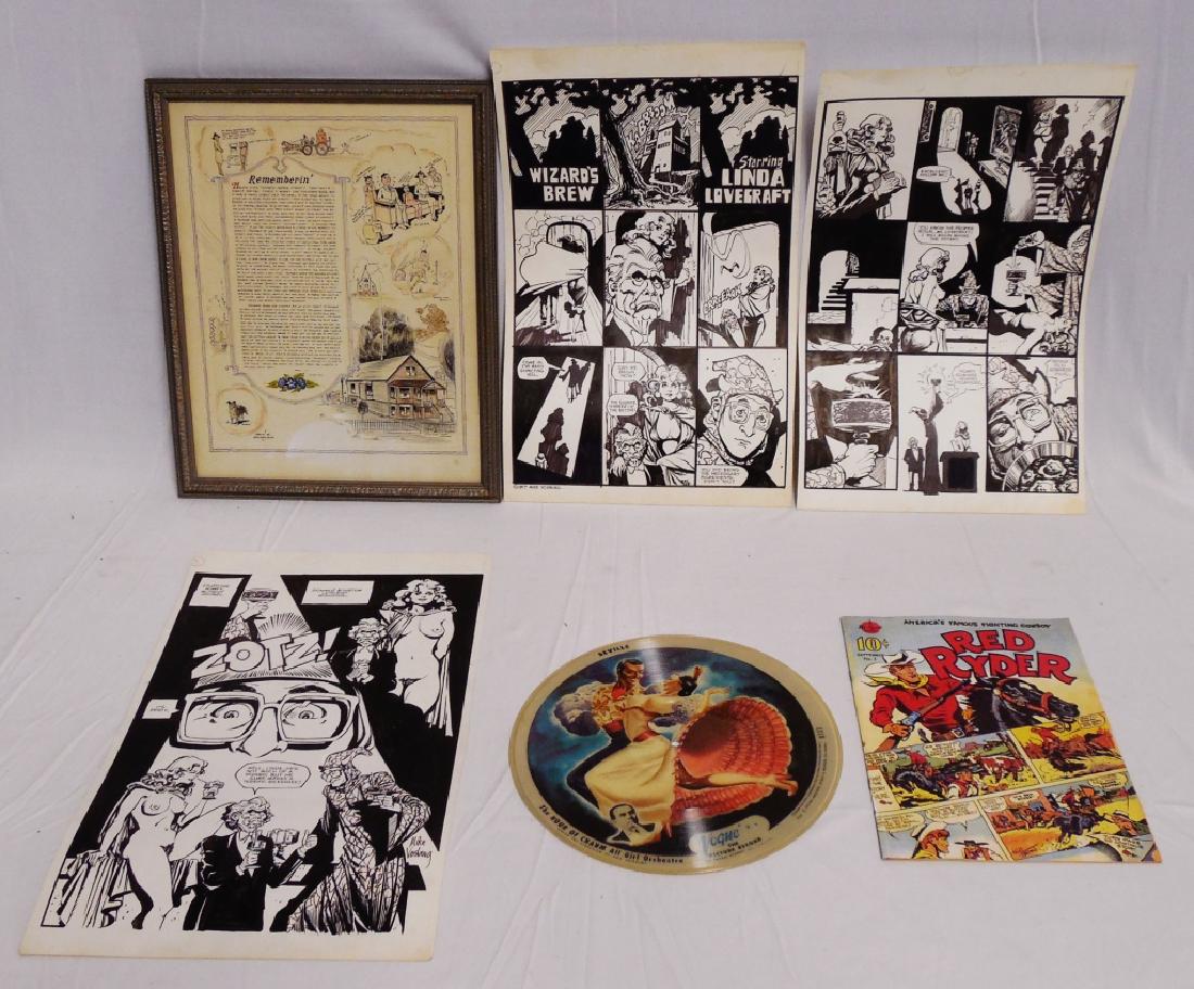 Assorted Lot: Vogue Picture Record, Red Ryder 10 Cent Comic, Comic Strip Art, and "Rememberin'" framed picture