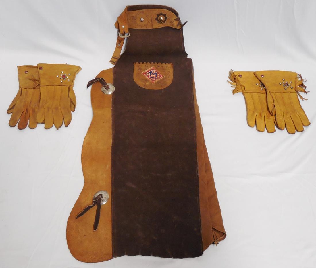 Childs Chaps and Riding Gloves: riding gloves are both Roy Rogers and NOTE: CHAPS HAVE PEN WRITING ON THE SUEDE