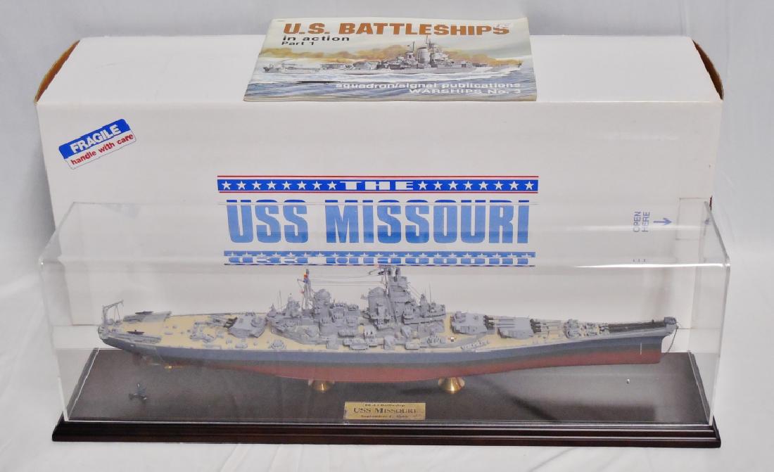 USS Missouri BB-63 Battleship Scale Detailed Model: with plexi-glass display case and US Battleships in Action Part 1 Book. NOTE: THERE IS DAMAGE - 2 PLANES ARE BROKEN OFF, ONLY 1 PLANE IS PRESENT.