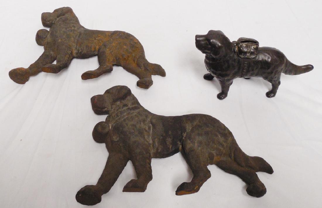 Cast Iron Dog Bank "I Hear A Call": and 2 Cast Iron Dog Door Stops