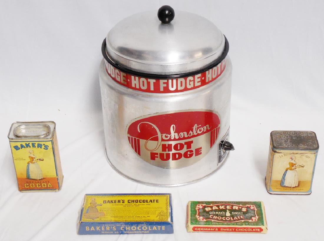 Assorted ChocolateRelated Lot: "Johston Hot Fudge" warmer NOTE: CORD HAS BEEN CUT, 2 Cocoa tins, and 2 Baker's Chocolate Bars NOTE: DO NOT EAT!