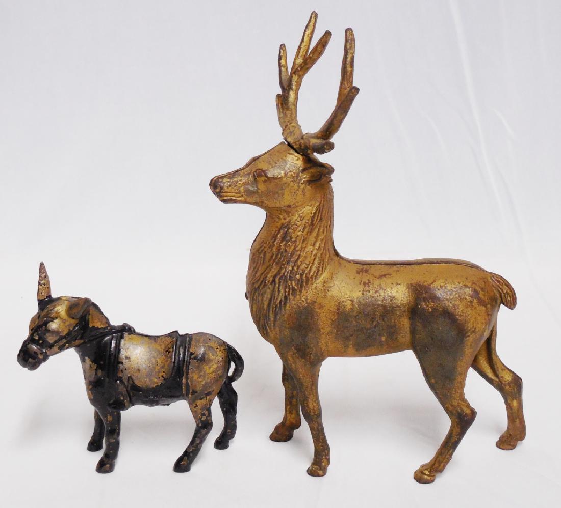 Lot of 2 Cast Iron Banks Donkey and Deer: Deer measures 9" H
