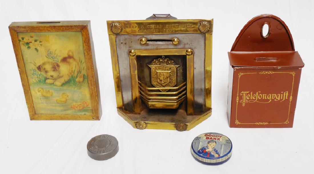 Lot of 5 Tin Banks: Fireplace bank measures 6 1/4" H