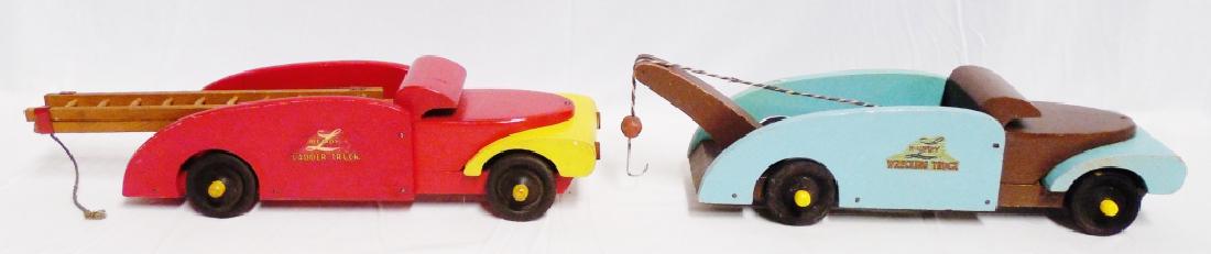 Lot of 2 Buddy L Wooden Trucks: 1) Wrecking Truck and 2) Ladder Truck NOTE: IS MISSING HAND CRANK