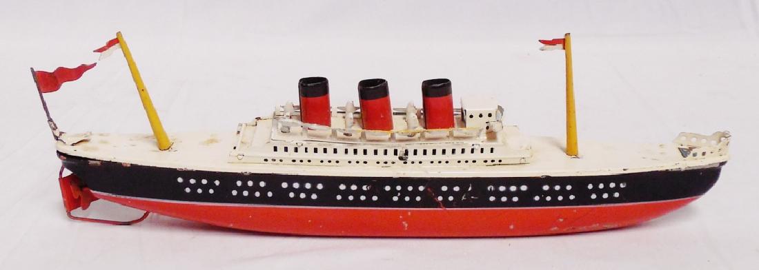 Arnold Tin Windup Ship: measures 12 1/2" L NOTE: WINDING KEY IS MISSING