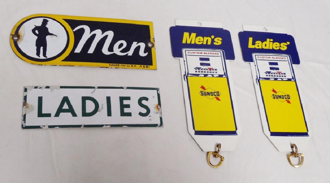 Lot of 2 Bathroom Markers and 2 Key Fobs: "Men" sign is porcelain, "Ladies" is metal, and the 2 Sunoco Key Fobs measure 7 1/2" H x 3 1/2" W