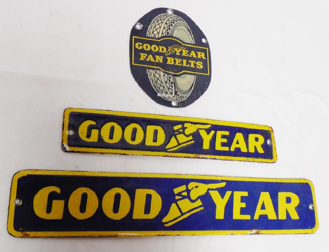 Lot of 3 Goodyear Advertisements: 2 are porcelain and 1 is metal, the largest one measures 11" L x 2" H