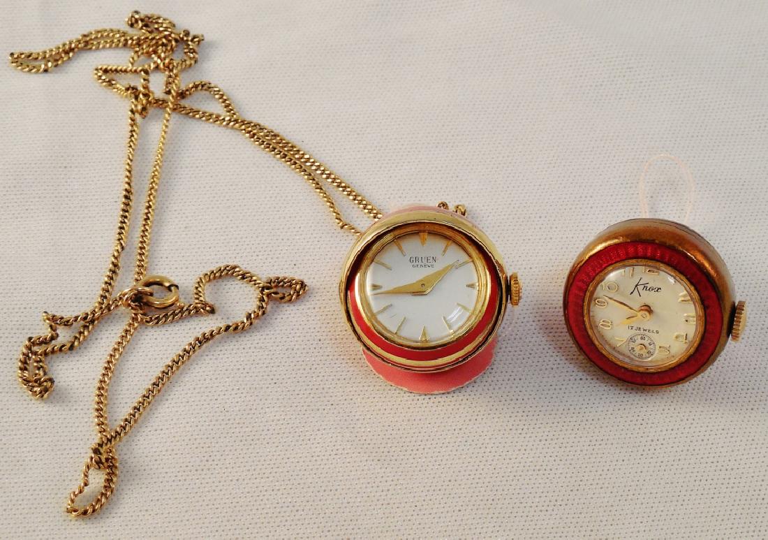 Lot of 2 Ball-Shaped Pendant Watches: 1) Gruen Greneve - 17J and 2) Knox - Germany