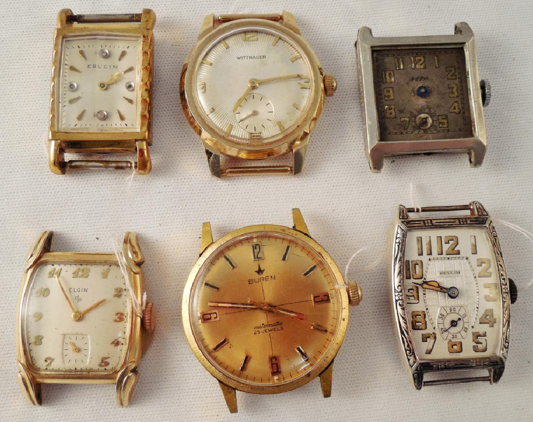 Lot of 6 Men's Wrist Watches - NO BANDS: 1) Elgin - fancy Bezel, S/S back of case, 2) Senoroh - 6J, 14K Bezel, NOTE: NO CRYSTAL, 3) Elgin - 15J, 4) Buren - 25J, S/S case, 5) Wittnauer - S/S case, and 6) Be Rellium - Swiss, 6J, .0935 Sukver c