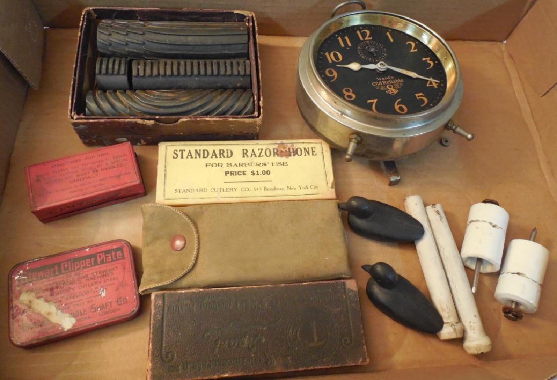 Lot of Various Items: clock, 2 metal ducks, grain painting rollers, razor hone, and more
