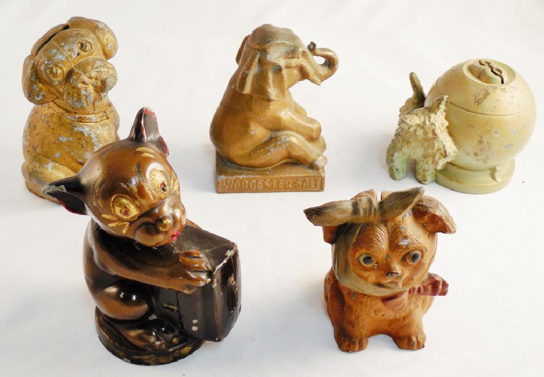 Lot of 5 Animal Banks: Elephant Bank is advertisement for Worchester Salt