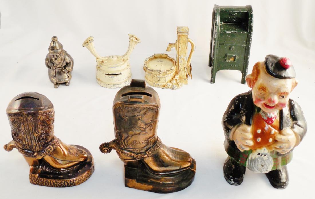Lot of 7 Banks: including Scottish Bottle Head and a Santa Claus Bank/Lighter Combo