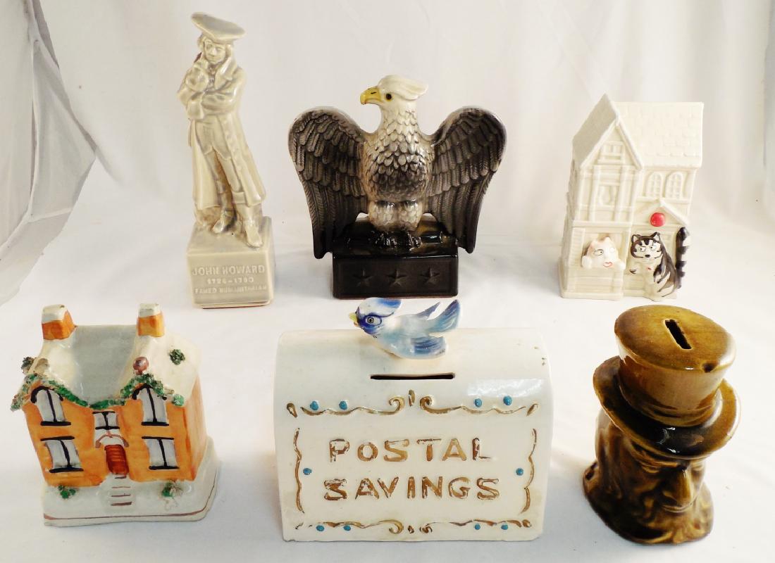 Lot of 6 Ceramic Banks: NOTE: SMALL HOUSE HAS DAMAGE
