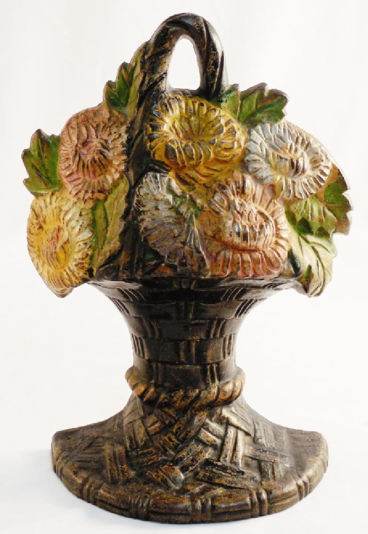 Cast Iron Doorstop Flowers in Basket: 1925 Waverly Studio Wilmette Ill, 10 1/8" H