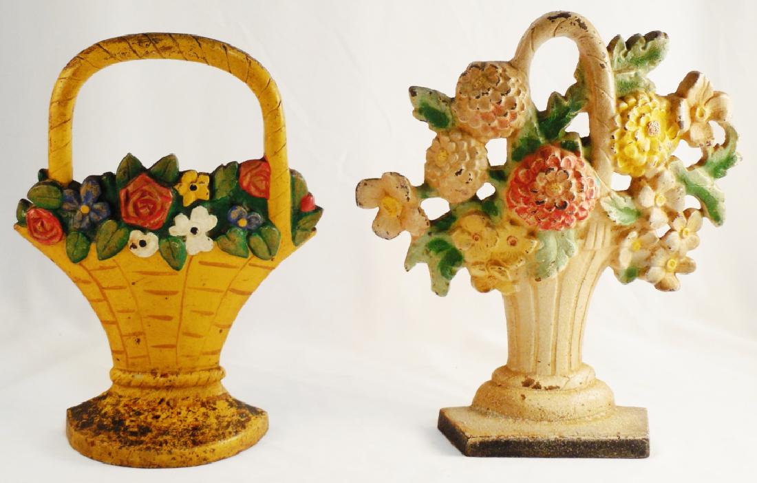 Lot of 2 Cast Iron Doorstops Flowers in Baskets: taller 11" H