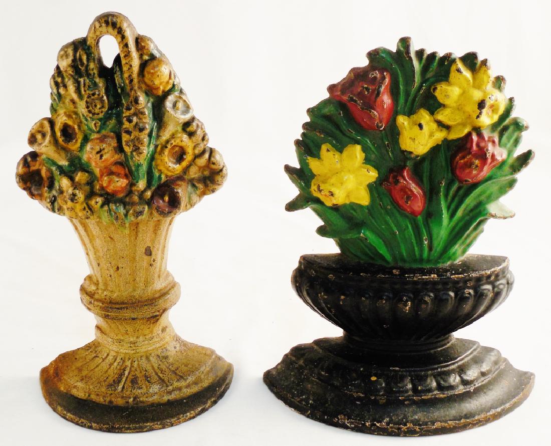 Lot of 2 Cast Iron Doorstops: Flowers in White Basket-taller 8 1/4" H
