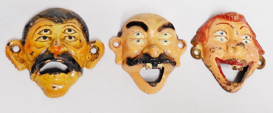 Lot of 3 Cast Iron Bottle Openers: all wall-mount 4-Eyed Faces