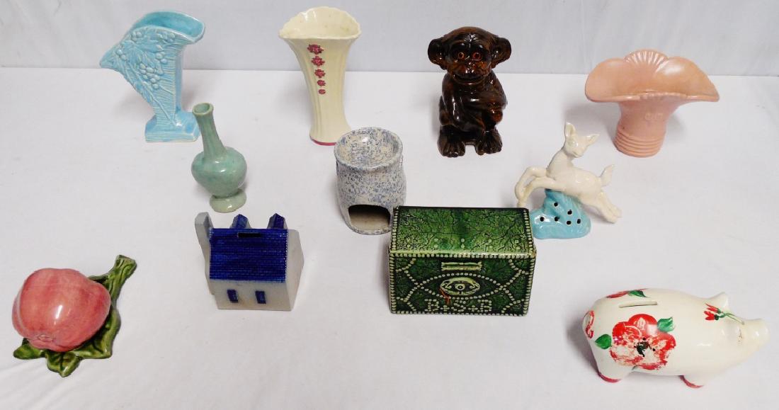Lot of 11 Pottery Vases, Banks, Flower Frogs, Etc. (1 of 2)