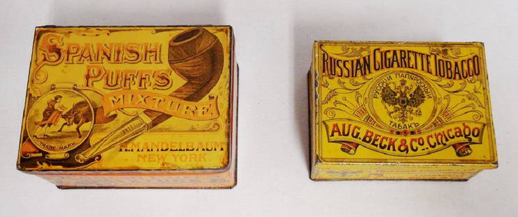 Lot of 2 Tobacco Tins: Spanish Puffs Mixture measures 4 1/2" L x 3 1/2" W x 2 1/4" H