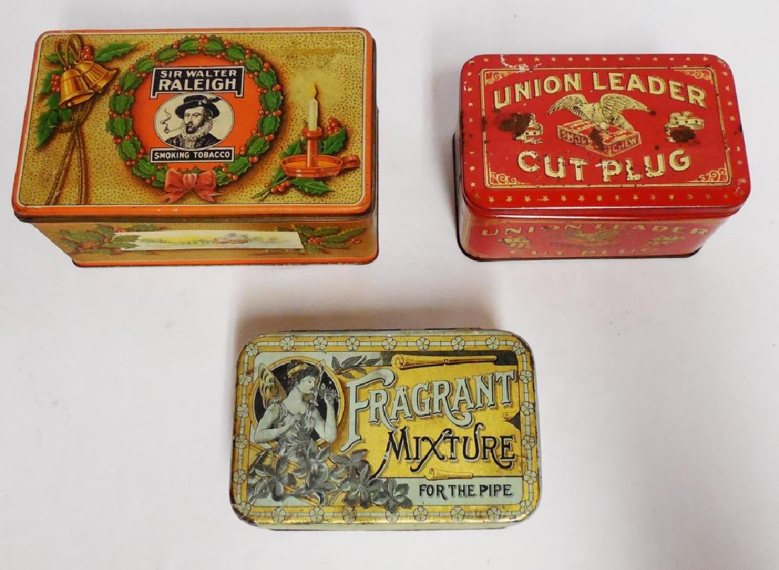 Lot of 3 Tobacco Tins: Sir Walter Raleigh measures 7 1/2" L x 4 1/2" W x 3 1/2" H