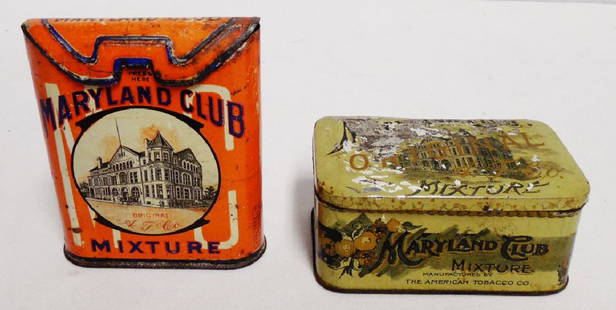 Lot of 2 Tobacco Tins: Maryland Club Pocket measures 4" H x 3 1/2" W x 1 1/4" D