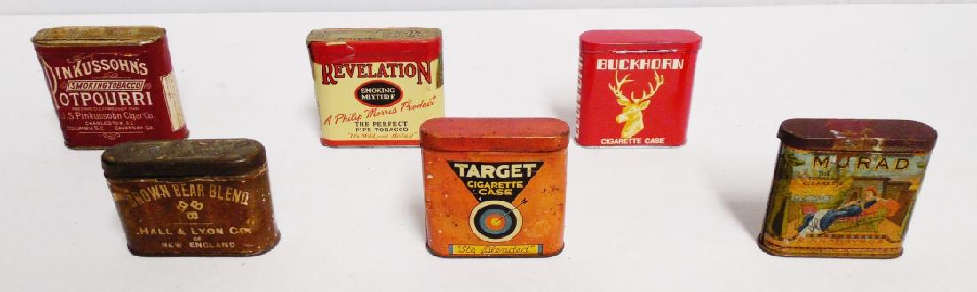 Lotof 6 Pocket Tobacco Tins: all with intact tax seals and paper labels, Brown Bear Blend measures 3 1/4" W x 2 1/2" H x 1" D