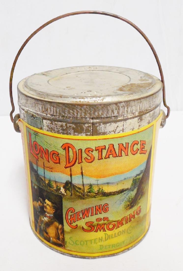 Long Distance Paper Label Tobacco Pail: measures 6 1/4" H x 5 1/2" Diameter