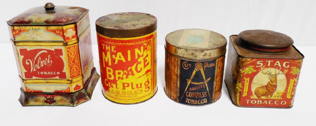 Lot of 4 Tobacco Canisters: Bagley's Compass has paper label and measures 4 1/4" H x 4 1/4" Diameter