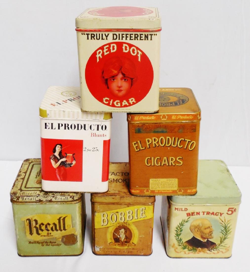 Lot of 6 Square Tobacco Canisters: Bobbie measures 5 1/4" H x 4 1/2" W x 4 1/2" D