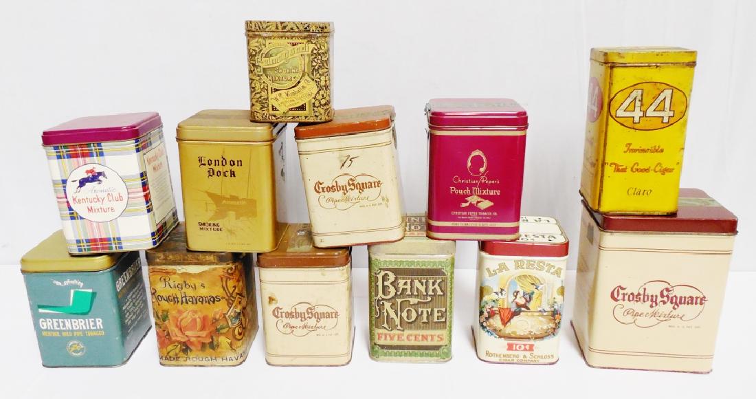 Lot of 12 Square Tobacco Canisters: Rigby's Rough Havana has a paper label and measures 5" H x 3 1/2" W x 3 1/2" D