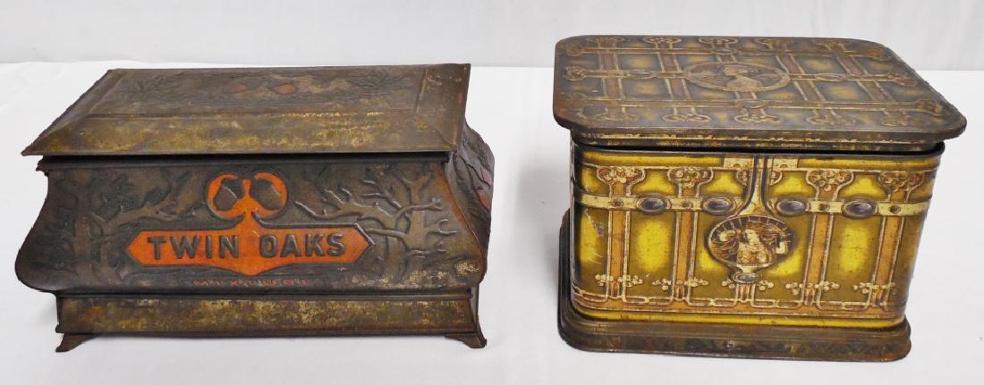 Lot of 2 Embossed Tobacco Tins: NOTE: TWIN OAKS EMBOSSED CASKET TIN HAS BEEN REPAIRED and measures 8 1/4" L x 4" W x 4 1/4" H