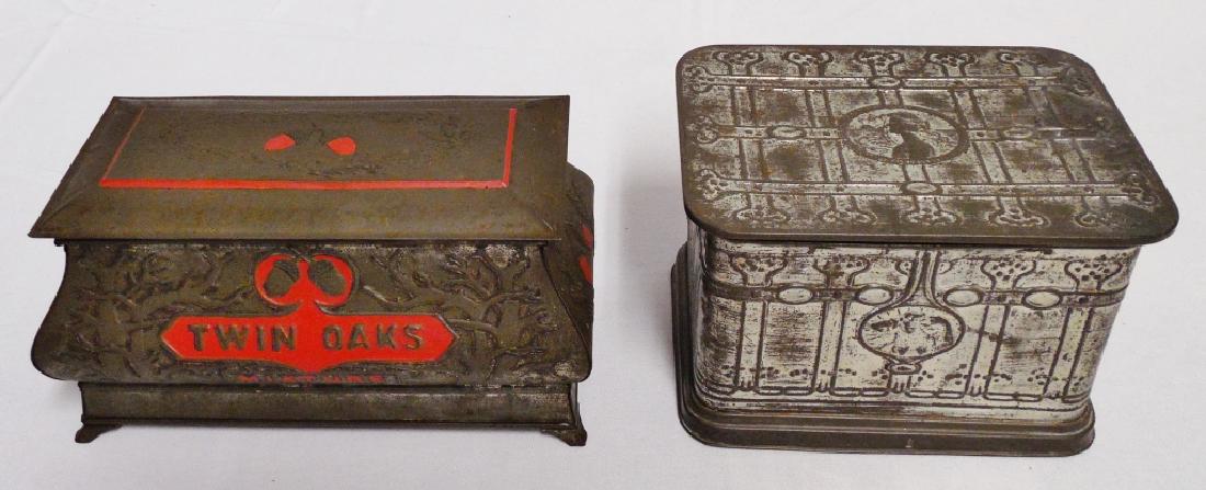 Lot of 2 Embossed Tobacco Tins: NOTE: TWIN OAKS EMBOSSED CASKET TIN HAS BEEN REPAINTED and measures 8 1/4" L x 4" W x 4 1/4" H