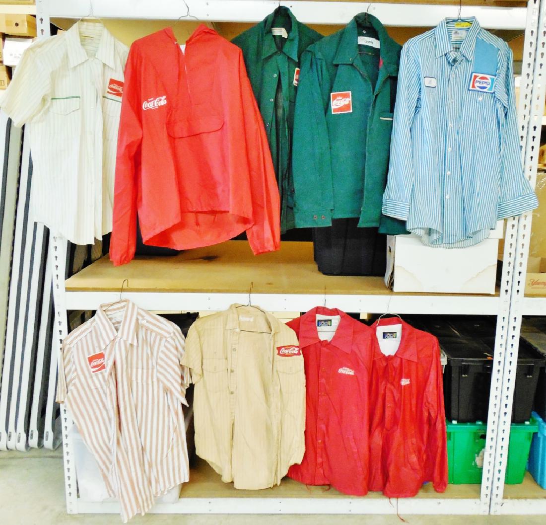 Lot of 8 Coca-Cola/1 Pepsi Pieces of Clothing: NOTE: ALL CLOTHING HAS STAINS, TEARS, ZIPPER DIFFICULTY, AND IS DELICATE, various sizes