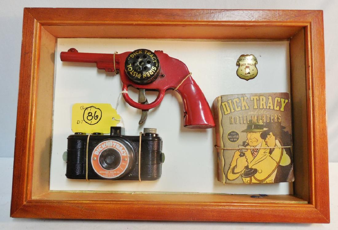 Framed Dick Tracy Display: AS-IS, includes gun, camera, book, and pin