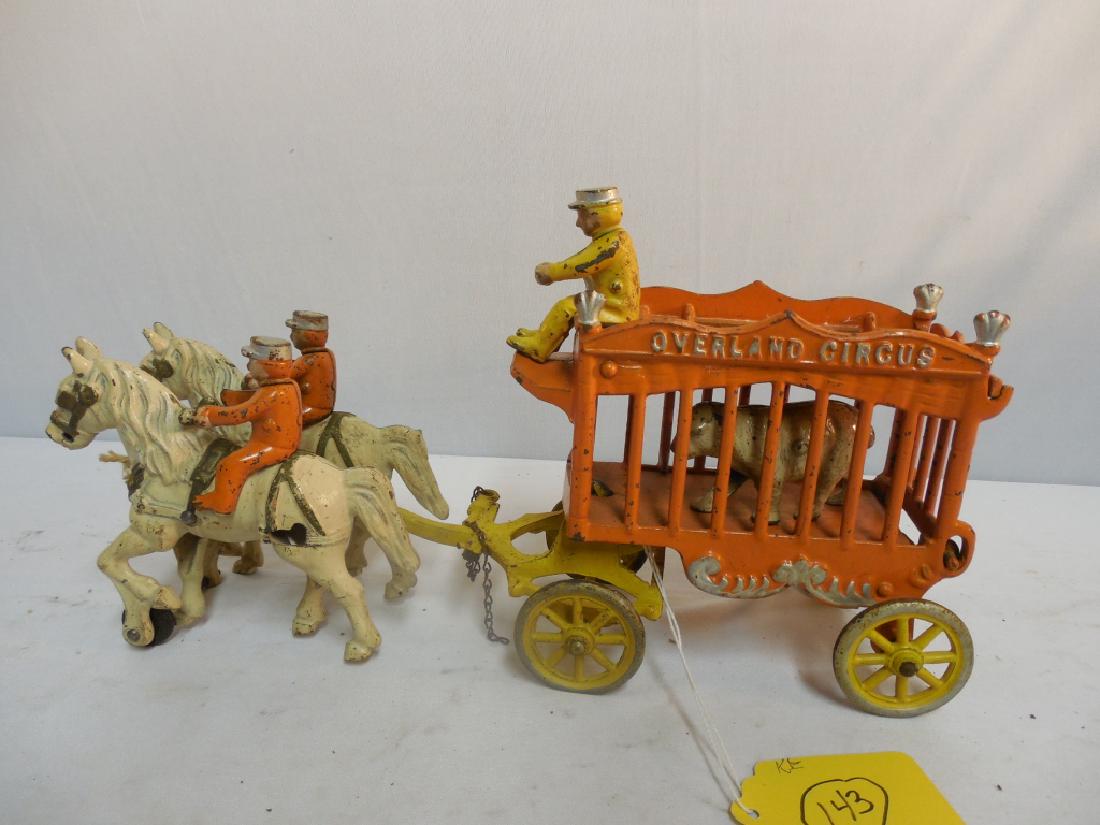 Cast Iron Horse Drawn Circus Cage by Kenton: AS-IS, NOTE: 1 HORSE IS MISSING ITS WHEEL