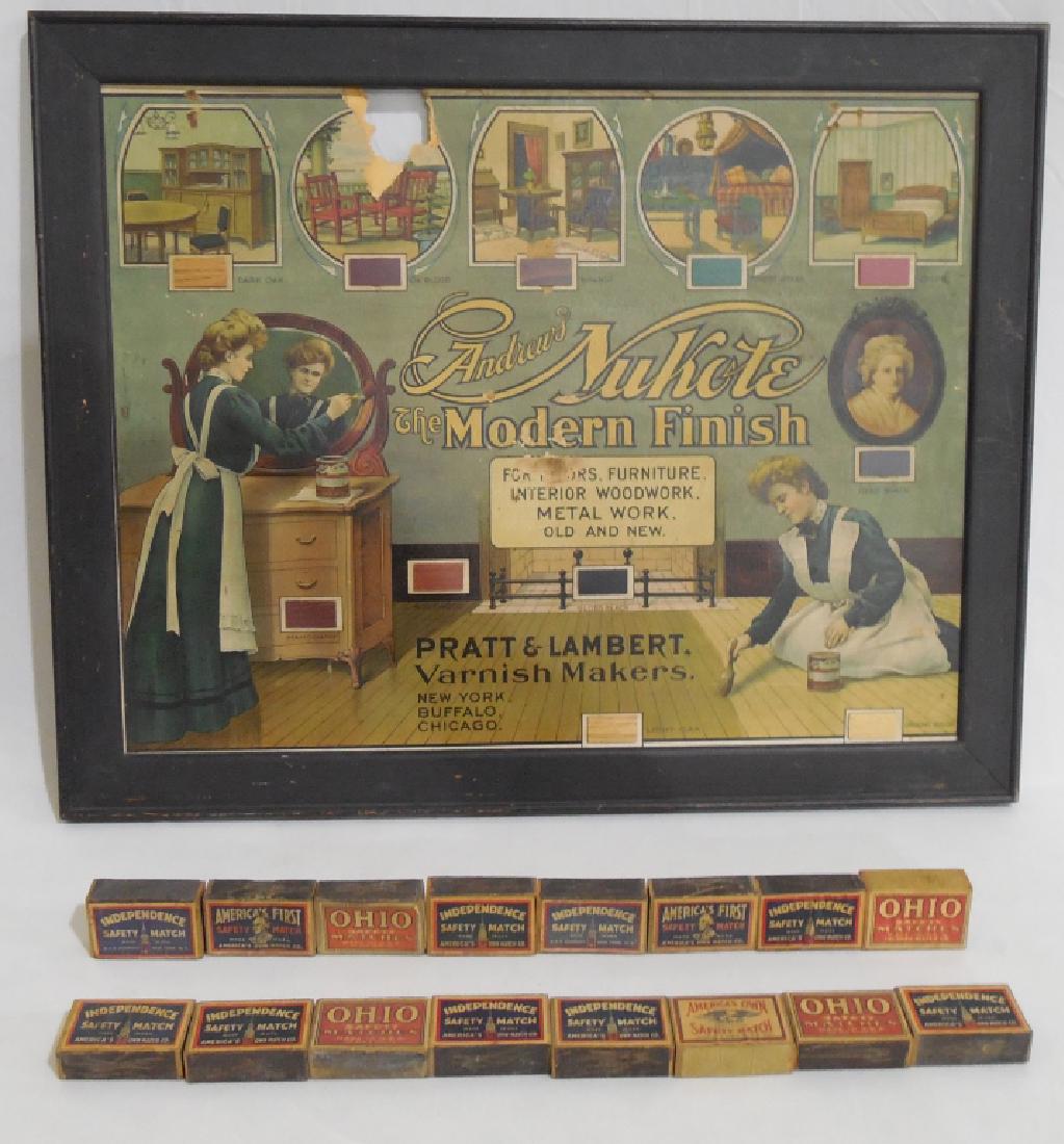 Framed Cardboard Sign Pratt & Lamber Varnish: and 16 EMPTY Safety Match Boxes, NOTE: FRAMED ADVERTISEMENT IS DAMAGED