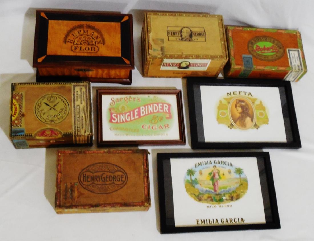 Assorted Cigar Lot: 4 cigar boxes, 1 humidor NOTE: DOESN'T HAVE KEY, and 3 framed cigar labels